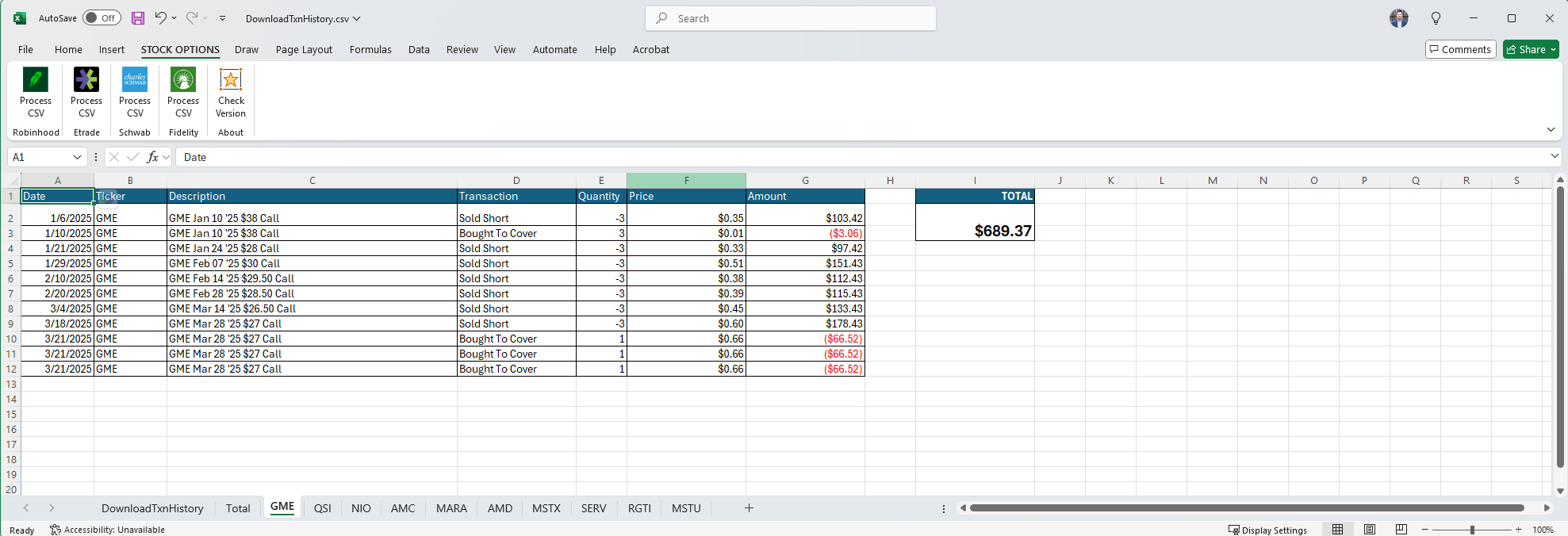 Stock Options Report Excel add-in dashboard